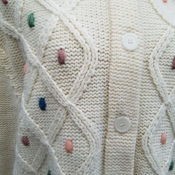 Vintage 70s Pastel Dots Cream Acrylic Fisherman Button Down Cardigan Sweater Lg - Picture 2 of 9